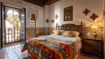 A colorful bed with a colorful blanket and pillows. The bed is in a room with a balcony and a lamp