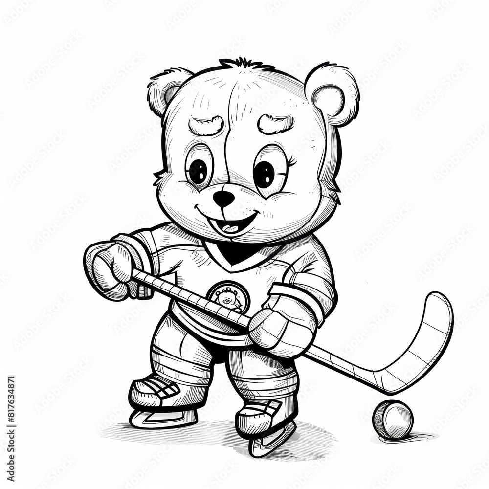 Poster bear plush toy playing ice hockey, outlined in monochrome with clear, thick lines for a preschool co