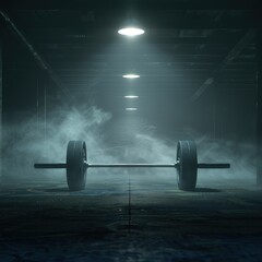 Fototapeta na wymiar Iron barbells on a dark, smoky cinematic background, facilities in the gym for sports training function to increase bone density, shoulder muscles and also triceps