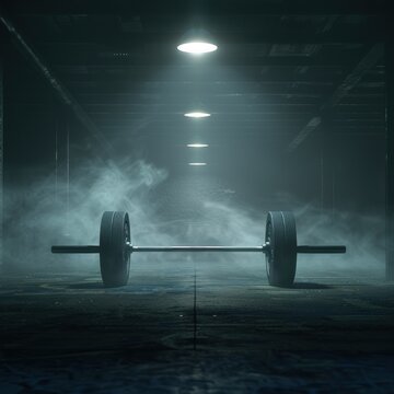 Iron barbells on a dark, smoky cinematic background, facilities in the gym for sports training function to increase bone density, shoulder muscles and also triceps
