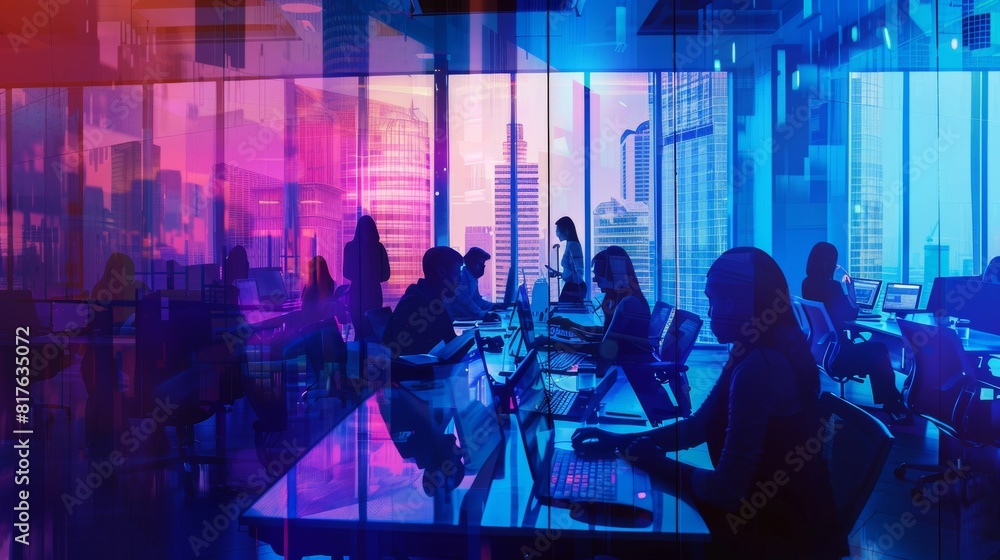 Poster a group of people are working in a brightly lit room with a city view. the room is filled with peopl
