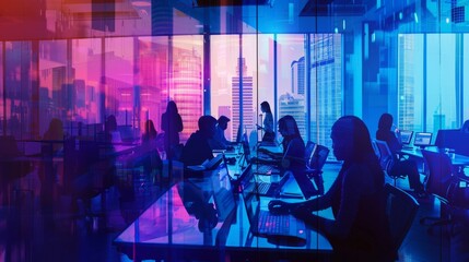 A group of people are working in a brightly lit room with a city view. The room is filled with people using laptops and other electronic devices. The atmosphere is busy and focused