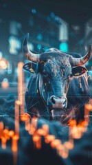 A bull is staring at the camera with its horns raised. The image is a mix of a bull and a stock market graph, creating a surreal and abstract atmosphere