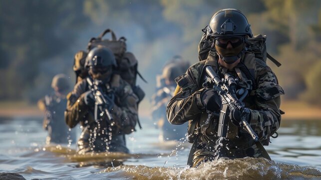 A group of commandos fighting in the water
