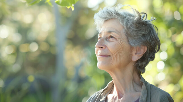 70-year-old woman looking into the distance, standing against a neutral and simple background, fresh feeling, natural daylight with a light sunbeam, no makeup, in casual clothing