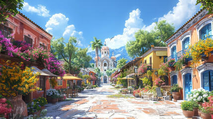 A charming traditional town built around a central plaza, with colorful houses, arched walkways,...
