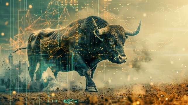 A bull is running through a city with a lot of buildings and lights. The image has a futuristic and industrial feel to it