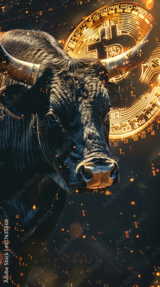 Poster a bull with a bitcoin symbol on its forehead. the bull is surrounded by a lot of fire, which gives t