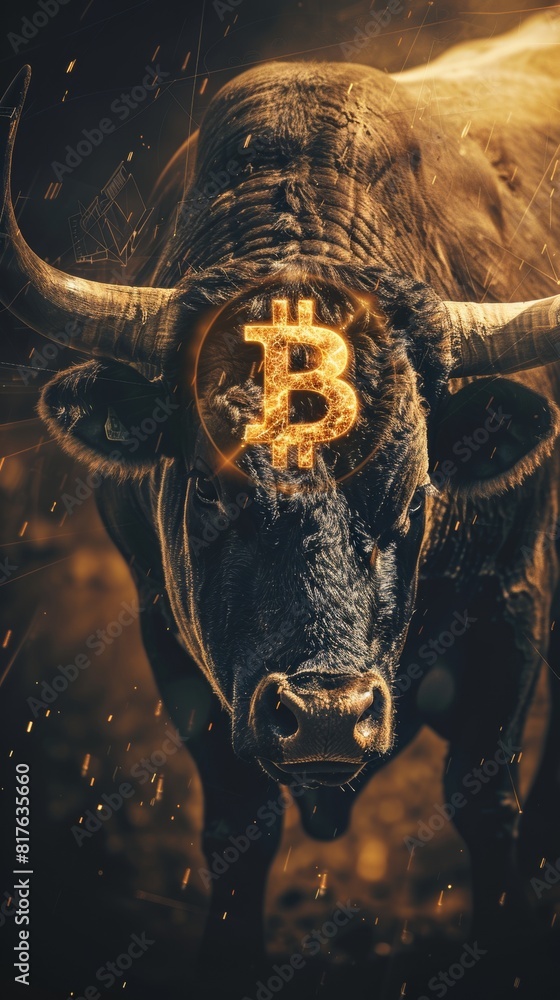 Poster a bull with a b on its head. the bull is surrounded by fire. the bull is a symbol of strength and po