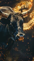 A bull with a bitcoin symbol on its forehead. The bull is surrounded by a lot of fire, which gives the image a sense of danger and excitement