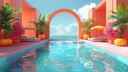 Beautiful sea view through an arch in a luxury hotel with a swimming pool in 3D style. The concept of a summer holiday at a resort. Generated by artificial intelligence