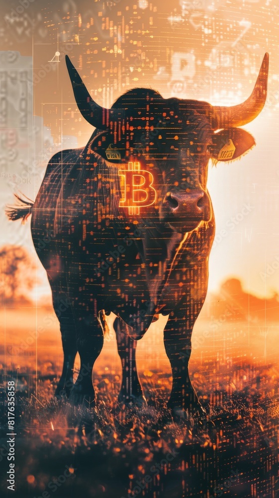 Aufkleber A bull with a B on its face is standing in a field. The bull is surrounded by a digital image of a city, with buildings and other elements of the city visible in the background