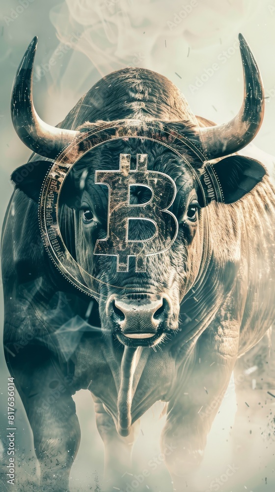 Poster a bull with a b on its forehead. the bull is surrounded by smoke and the b is surrounded by a circle