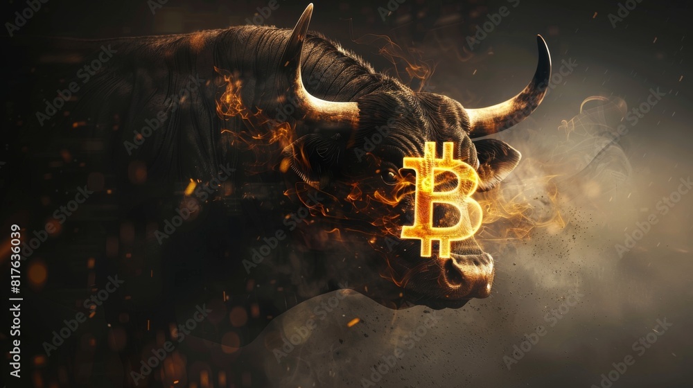 Poster a bull with a bitcoin symbol on its face. the bull is surrounded by fire, giving the image a fiery a
