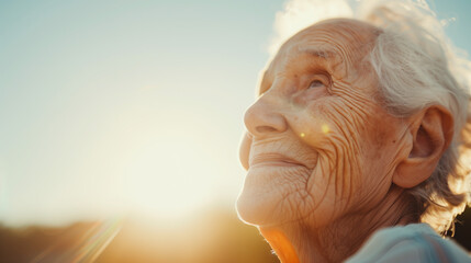 100-year-old woman looking into the distance, standing against a neutral and simple background, fresh feeling, natural daylight with a light sunbeam, no makeup, in casual clothing