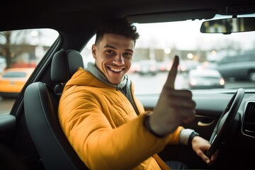 I just bought a new car! Young happy man sitting in a car and showing his car key while looking at camera