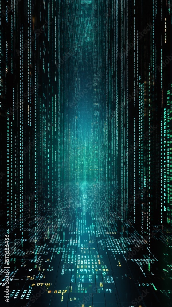 Poster abstract digital matrix, neon binary code cascading, futuristic technology, wide angle