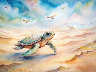 A baby turtle making its way across a sandy beach, painted in soft, muted watercolors with seagulls soaring overhead.