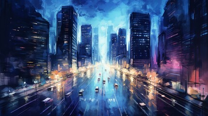 Fototapeta premium Fine art city night under neon glow, deserted avenue, overhead view 