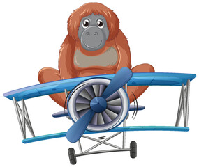 Cartoon orangutan flying a small blue biplane © blueringmedia