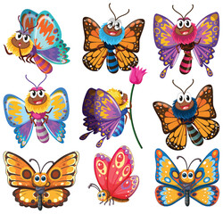 Assorted vibrant butterflies in playful cartoon style