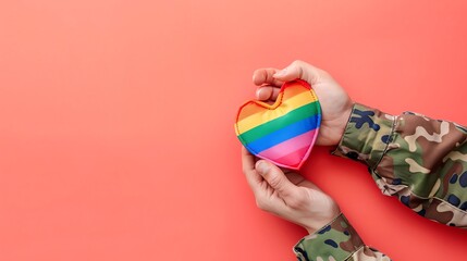 hand holding rainbow heart, blank space, minimalism, negative space, template, pride month lgbtqia theme, pastel background wallpaper