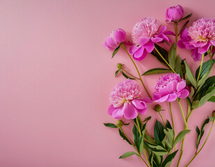 Flat lay peony flowers on pink background. with mockup empty copy space