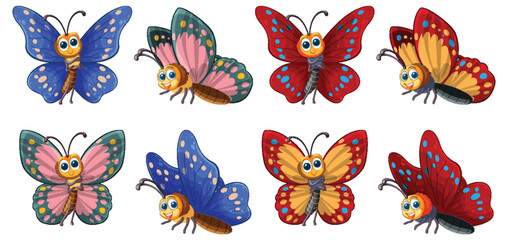 Eight vibrant, illustrated butterflies in various poses