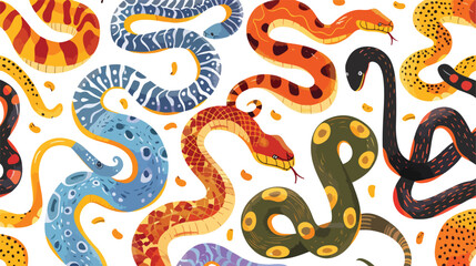 Seamless pattern with various exotic snakes on white