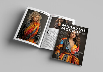 Isolated Magazine Cover and Open Magazine Mockup on White Background