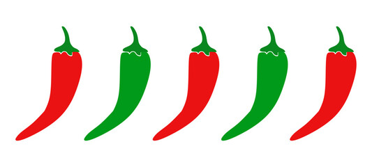 Chili spicy  product spicy degree symbols. Paprika hot meter sign for label of product. Vector spicy food mild and extra hot sauce, chili pepper red Green icons.