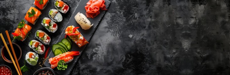 Colorful Japanese Cuisine Sushi Set with Space for Copy on Dark Background