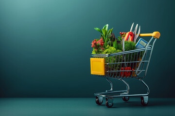 Online grocery shopping. Fresh food delivery. Vegetables, fruits, dairy products in a shopping cart. Fast and convenient way to buy groceries online.