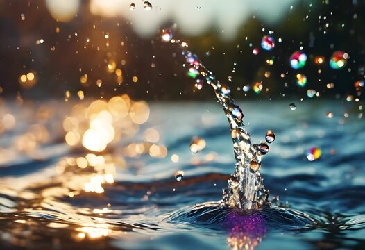 Splashing of water, water droplets, caused by something falling and causing a splash, or sunlight shining and causing the light to be refracted to make some of the colors of the rainbow visible