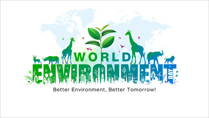 Fototapeta premium Background of World Environment Day. Tree plant animals with eco environment and typography.
