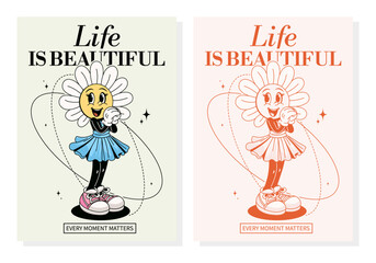 A set of posters with daisy flowers. Fashionable retro groovy character style. 70s hippie character, vintage print, monochrome. Vector.