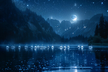 A group of swans gliding across a moonlit lake, their movements synchronized and graceful, like dancers on a stage - Powered by Adobe