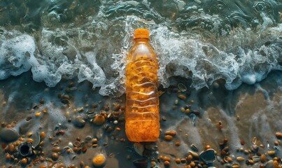 Orange Bottle on Beach by Ocean. Generative AI