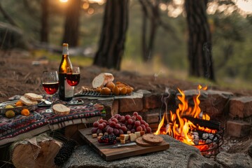 Cozy fireplace with crackling flames, perfect for a relaxing outdoor picnic and memorable moments...