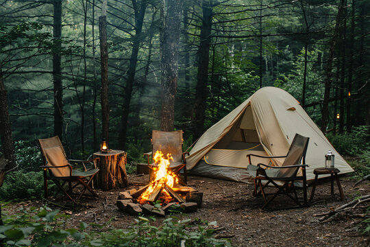 Burning firewood near chairs and camping tent