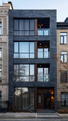 A modern apartment building with black windows.