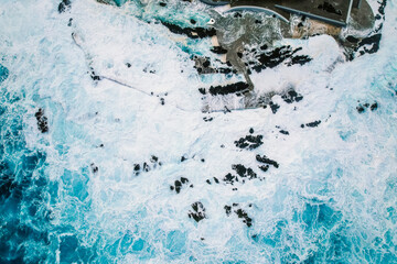 Aerial view of Porto Moniz with volcanic lava swimming pools, Madeira, Portugal