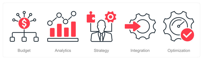 A set of 5 Project Management icons as budget, analytics, strategy