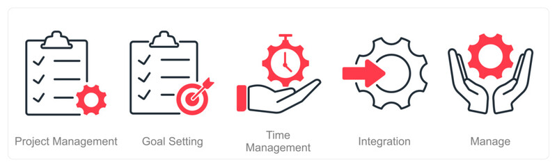 A set of 5 Project Management icons as project management, goal setting