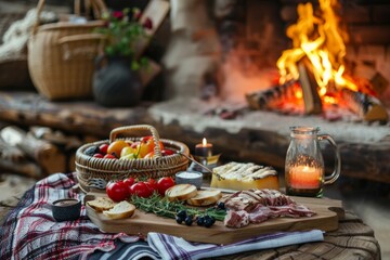 Cozy fireplace with crackling flames, perfect for a relaxing outdoor picnic and memorable moments...