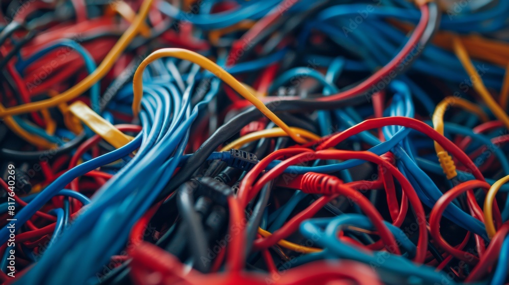 Poster a macro shot of a tangled mess of cables and wires snaking across a desk surface.