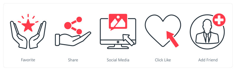 A set of 5 Social Media icons as favorite, share, social media