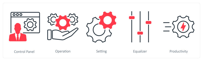 A set of 5 Settings icons as control panel, operation, setting