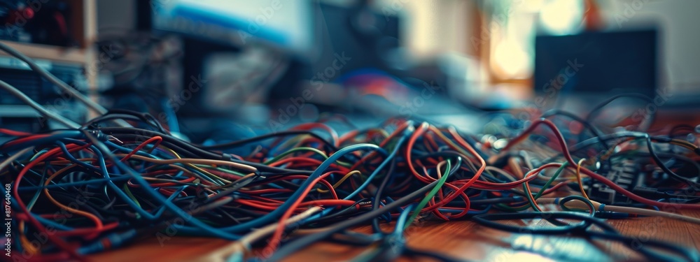 Poster a macro shot of a tangled mess of cables and wires snaking across a desk surface.