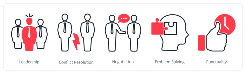 A set of 5 Soft Skills icons as leadership, conflict resolution, negotiation